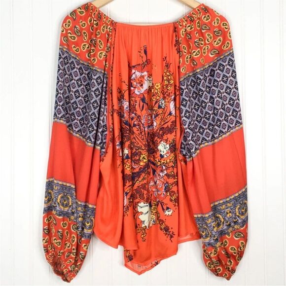 Free People Womens Positano Printed Blouse Orange Floral Off Shoulder Boho large - Picture 5 of 8